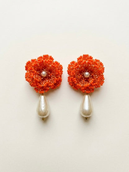 Crochet Orange 3D Rose Pearl Drops Flower Handmade Beaded Earrings