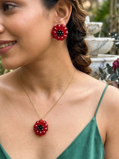 Sparkling Red Flower Handmade Beaded Necklace + Earrings Set