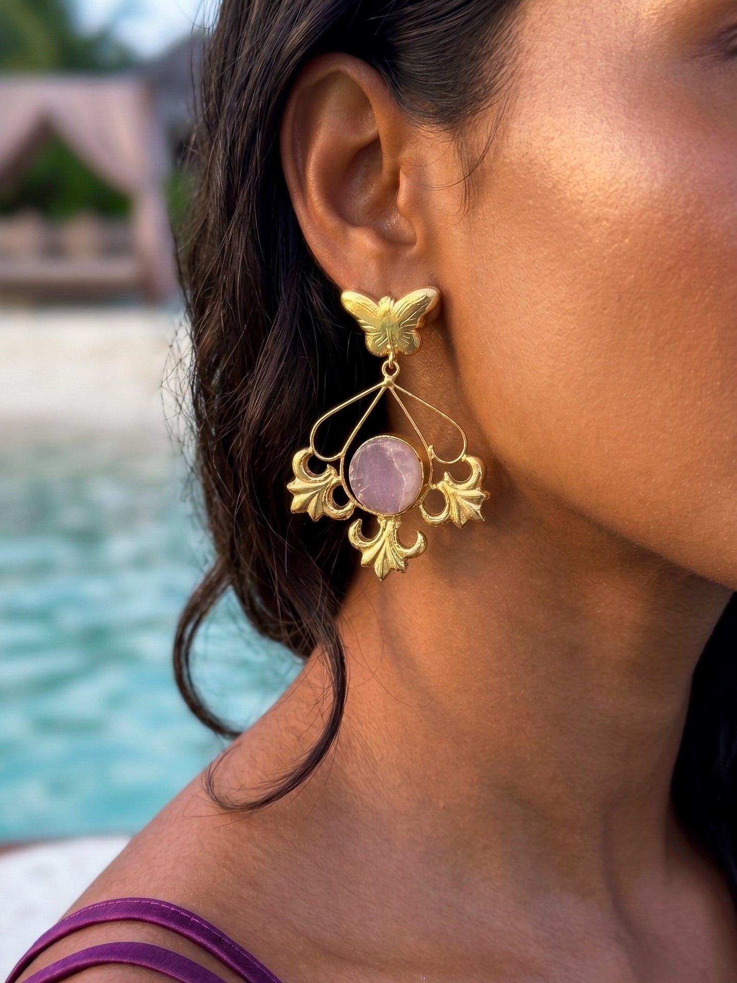 Elowen Butterfly Drops Lilac Handmade Brass Earrings