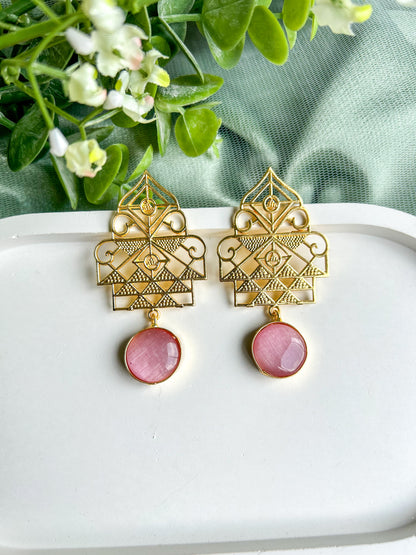 Jharokha Brass Earrings - Pink