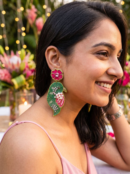 Blooming Birdie Green Pink Handmade Beaded Earrings