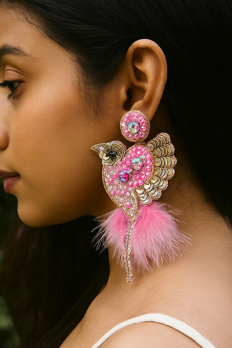Glamorous Pink Birdies Handmade Beaded Bird Earrings