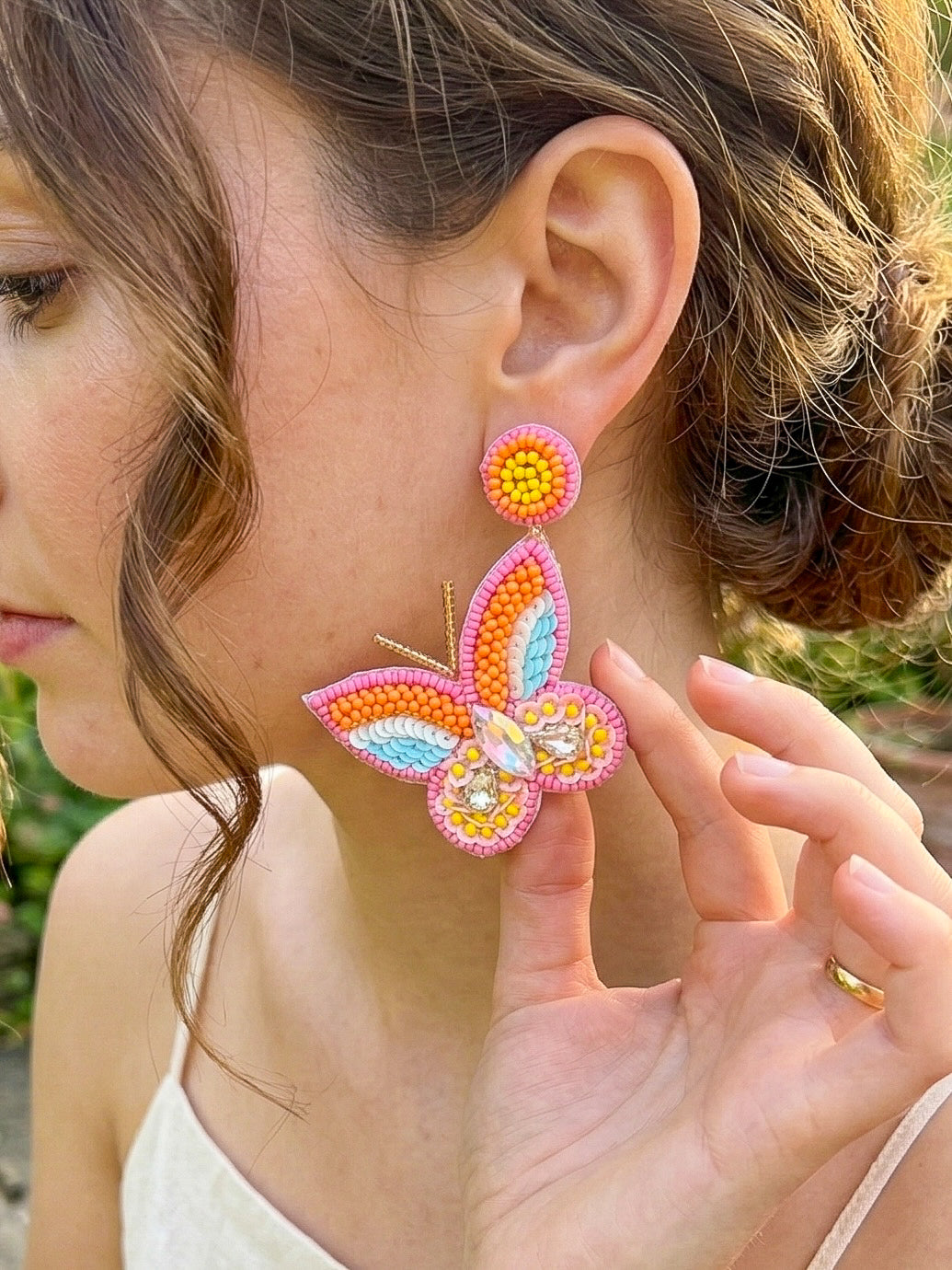 Sun-Kissed Pink Handmade Beaded Butterfly Earrings
