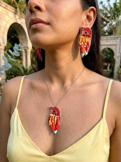 Chirpy Sunset Orange Parrot Handmade Beaded Necklace + Earrings Set