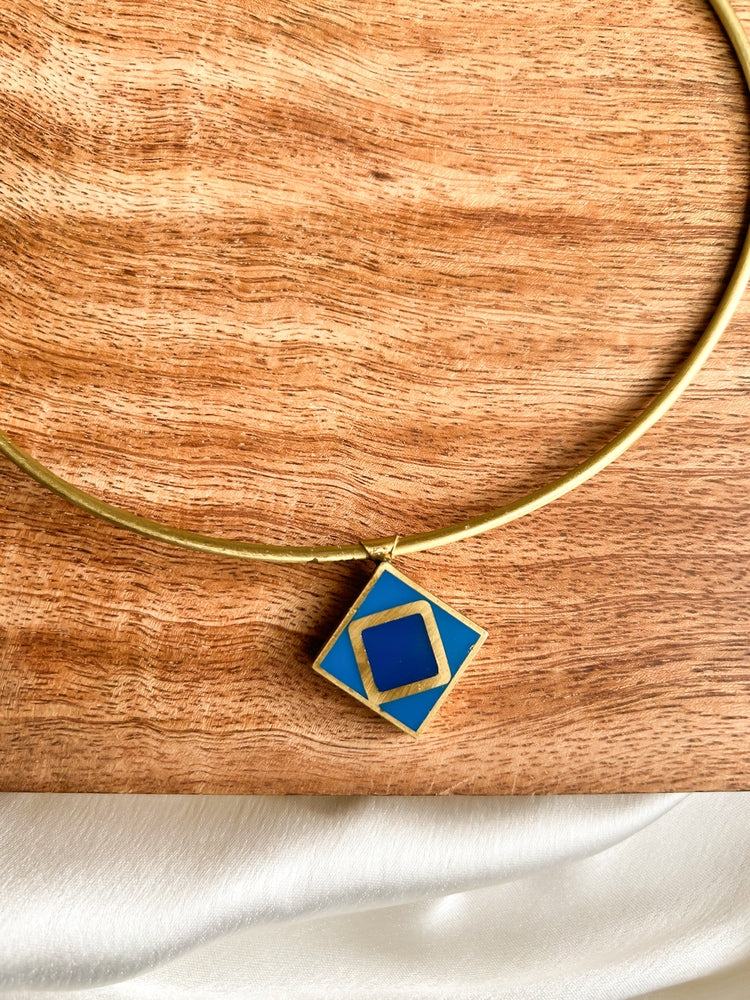 Blue Mosaic Brass Hasli Necklace