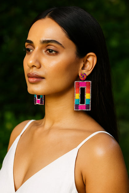 Vibrant Rainbow Drop Handmade Beaded Earrings