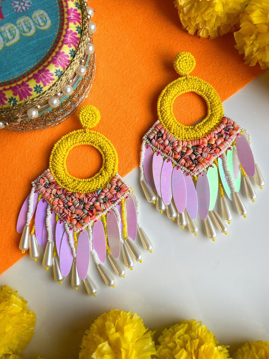 Zehra Yellow Handmade Beaded Tassel Earrings