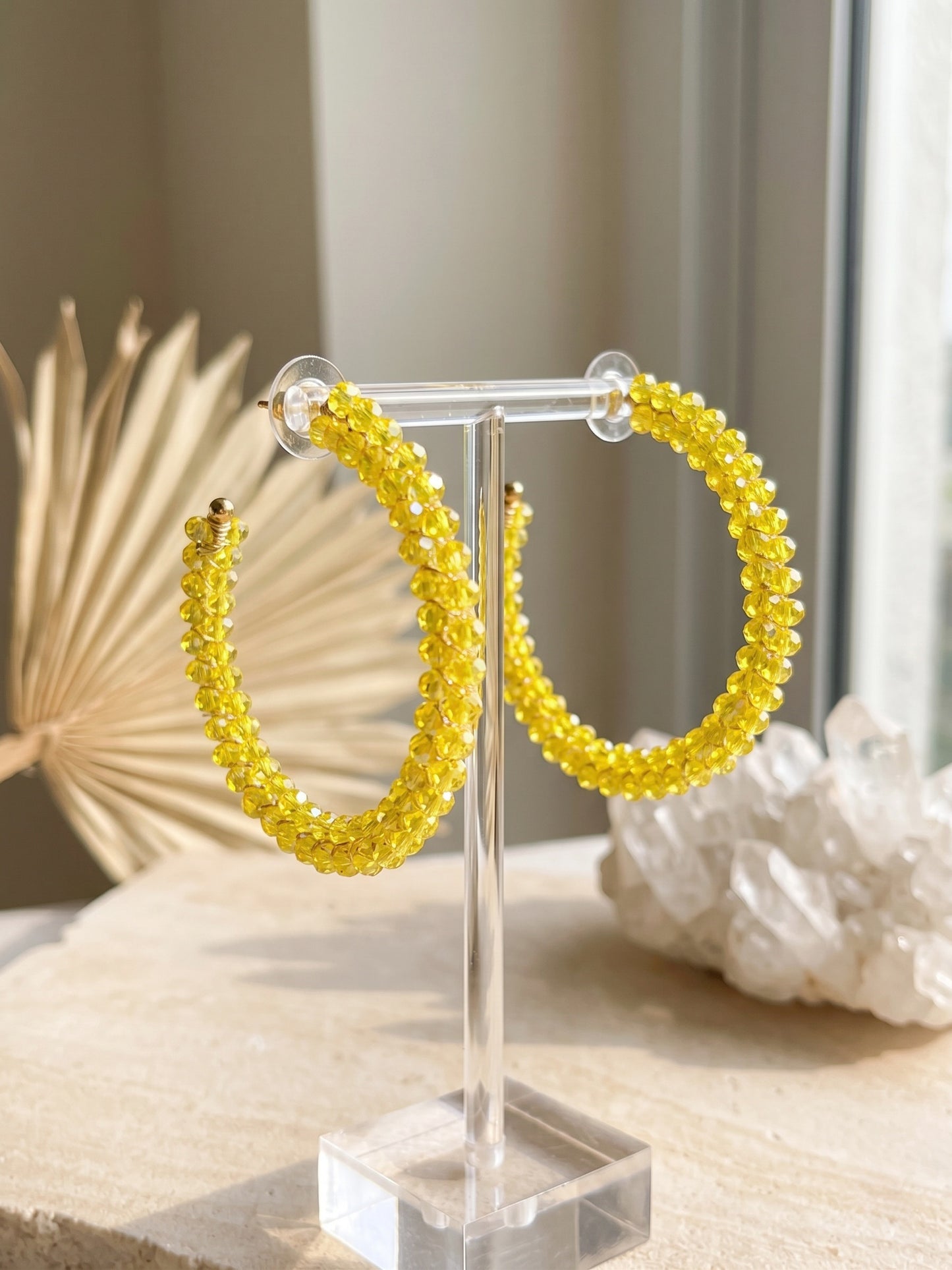 Woven Yellow Crystal Handmade Beaded Hoop Earrings