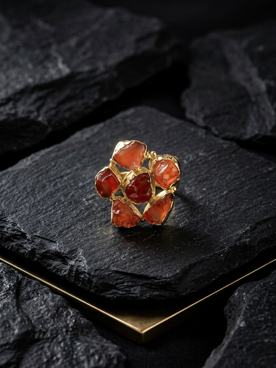 Agate Rust Orange Natural Stone Handmade Brass Ring