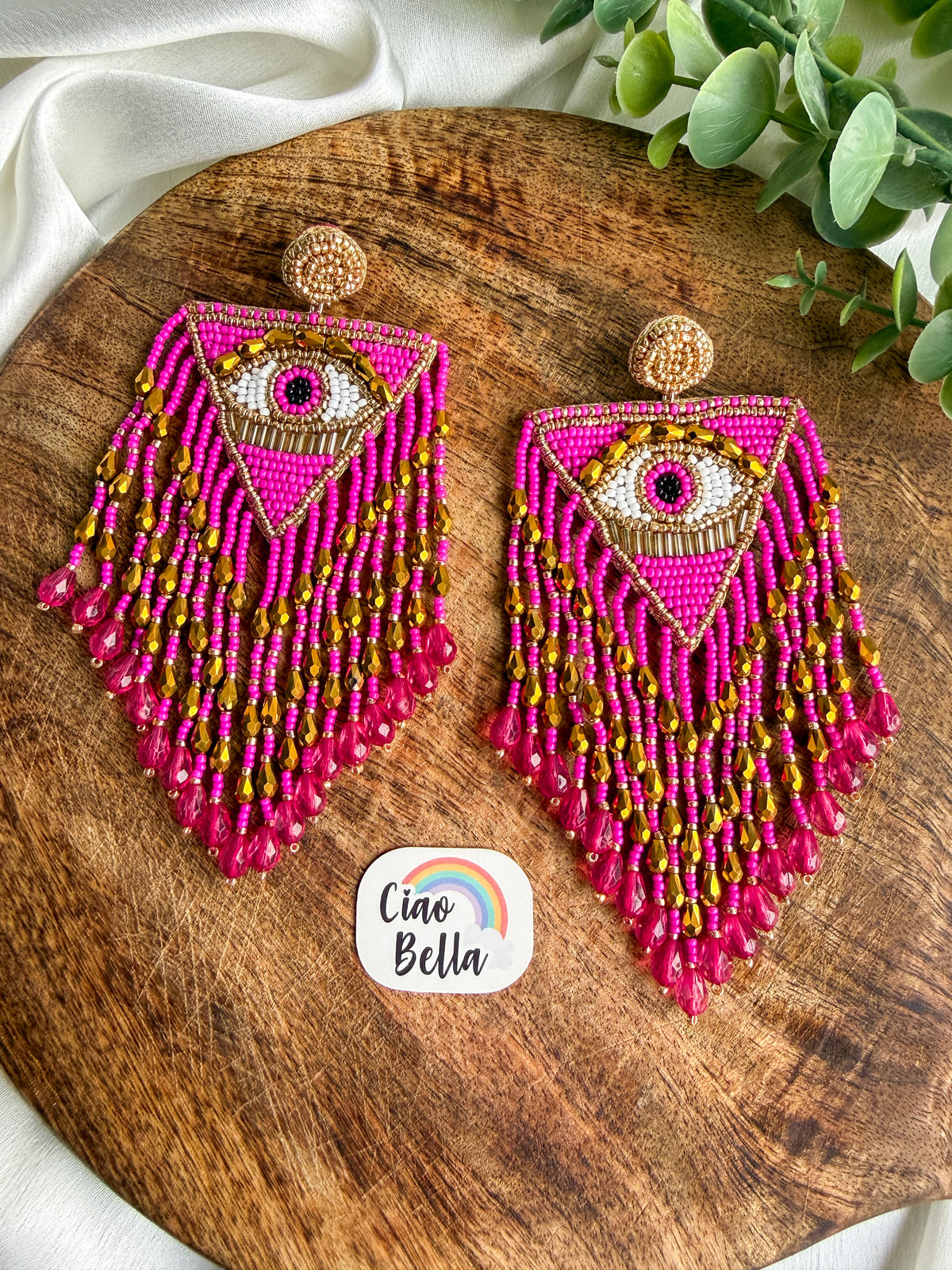 Luxe Evil Eye Hot Pink Handmade Beaded Tassel Earrings