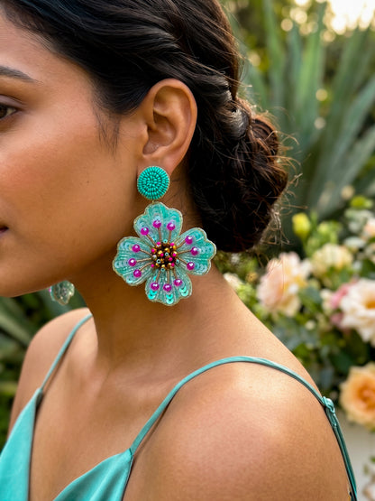 Ocean Teal Glow Blue Flower Handmade Beaded Earrings