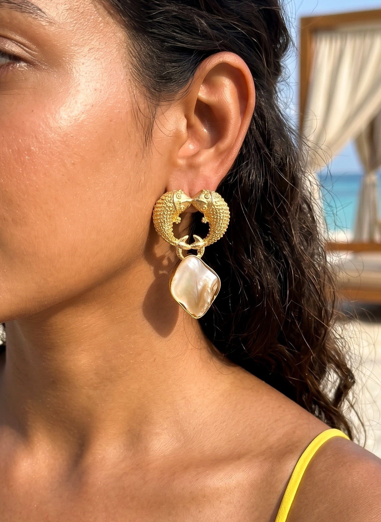 Golden Pisces Mother Of Pearl Handmade Brass Earrings