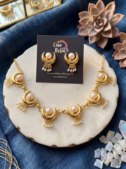 Noor Crescent Pearl Handmade Brass Necklace Set
