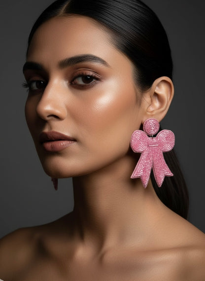 Blush Pink Bow Handmade Beaded Earrings