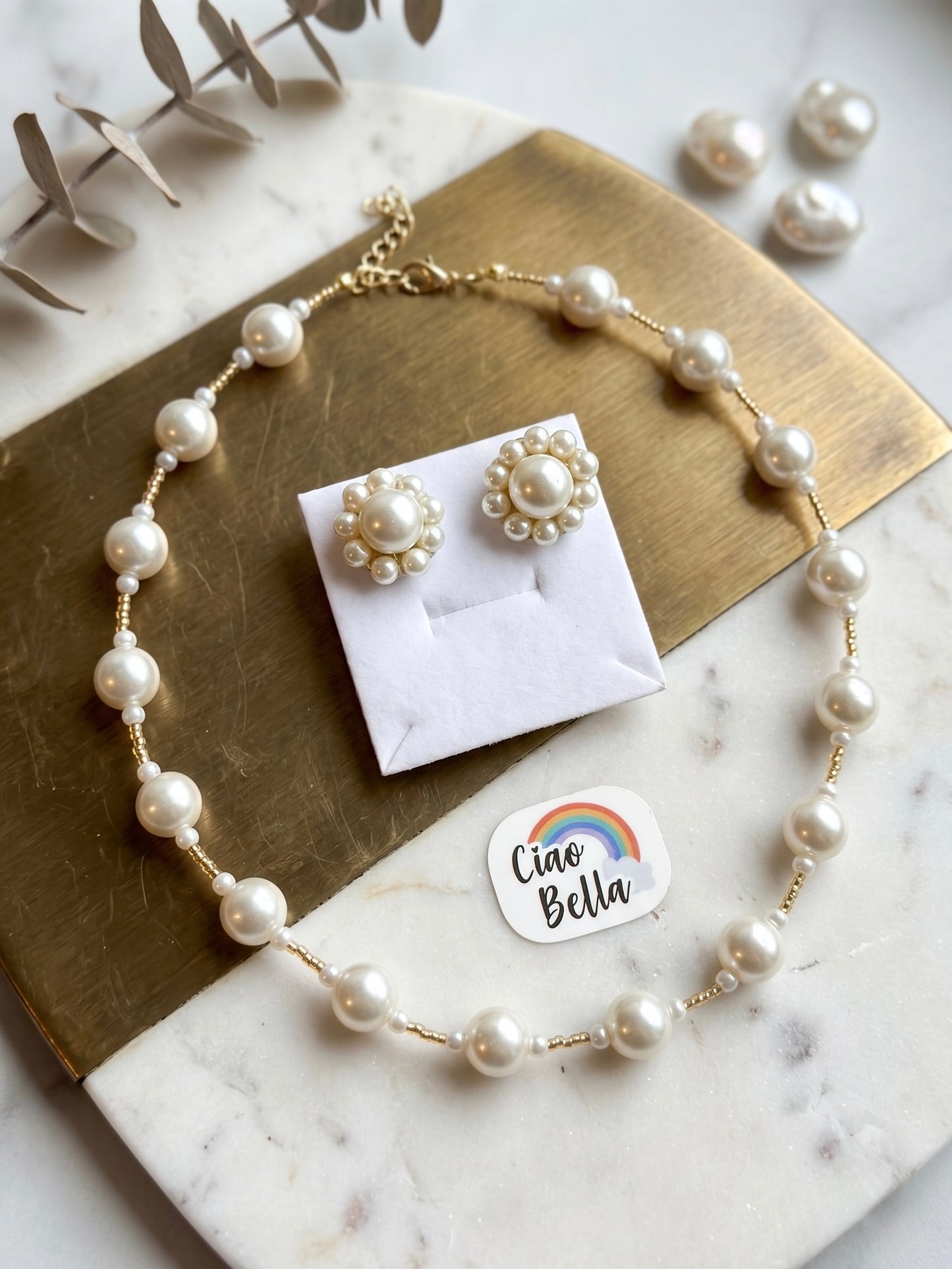 Alina Pearl Handmade Necklace + Stud Earrings Set