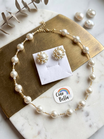 Alina Pearl Handmade Necklace + Stud Earrings Set