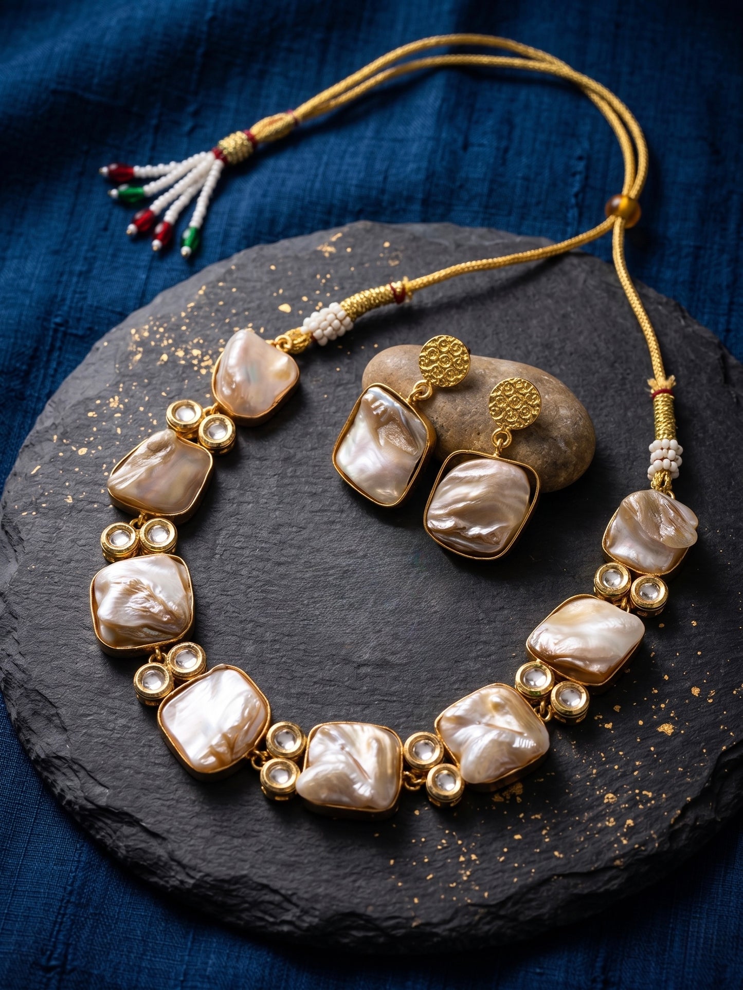 Mother Of Pearl Kundan Handmade Brass Necklace Set