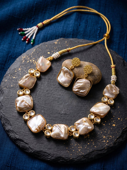 Mother Of Pearl Kundan Handmade Brass Necklace Set