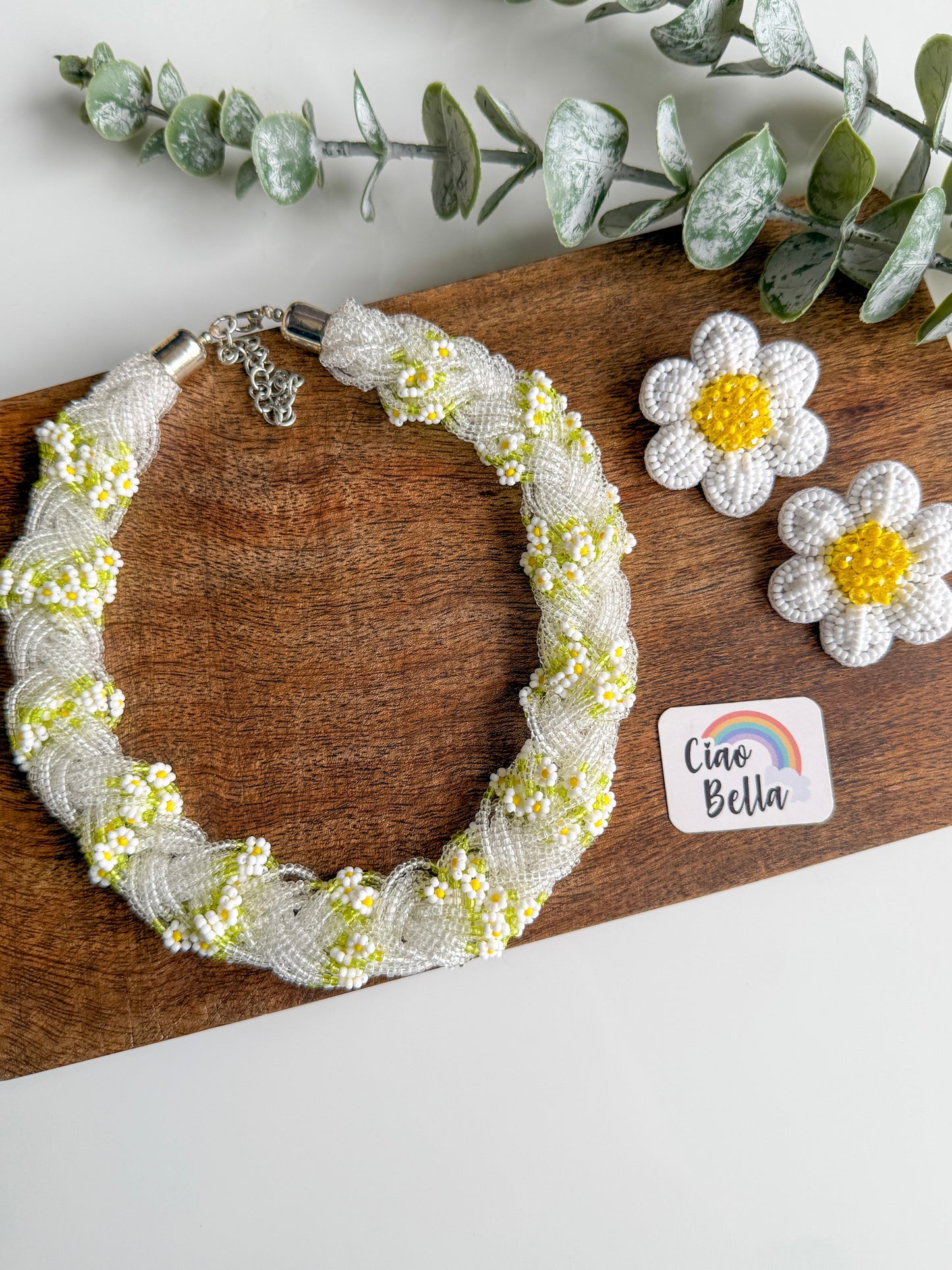 Luxe Flora Silver White Handmade Beaded Necklace + Earrings Set