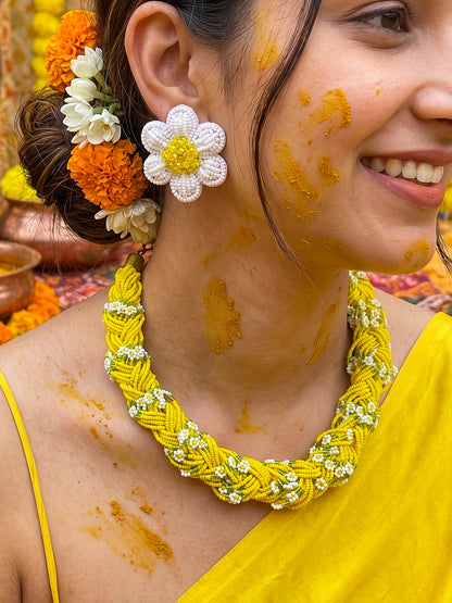 Luxe Flora Yellow Handmade Beaded Necklace + Earrings Set