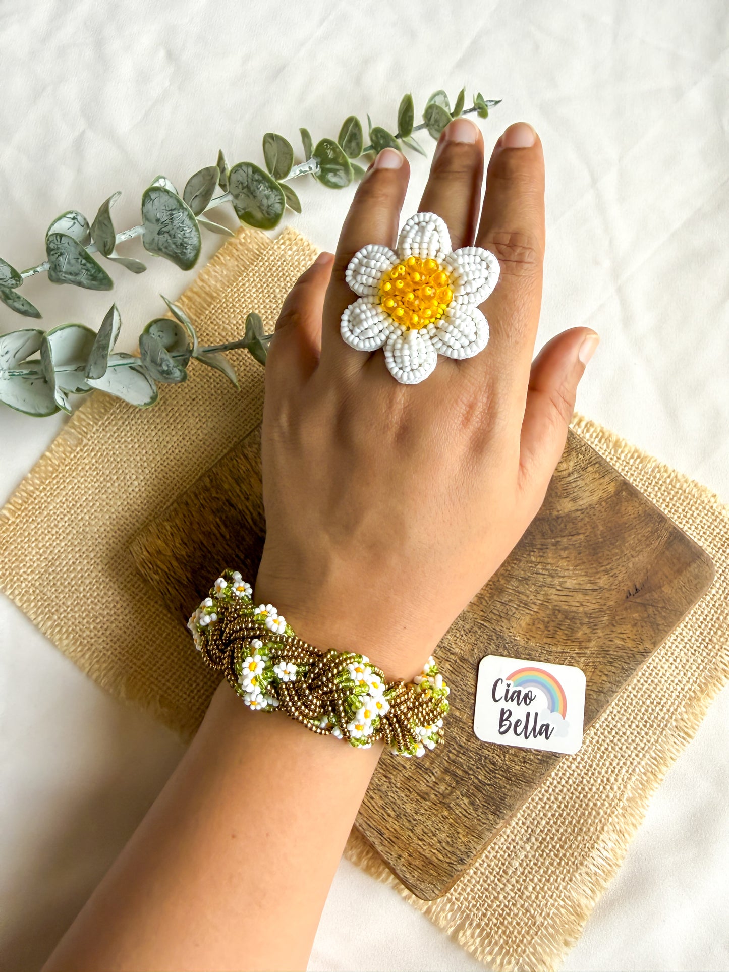 Luxe Flora Antique Brown Gold Handmade Beaded Bracelet + Ring Combo