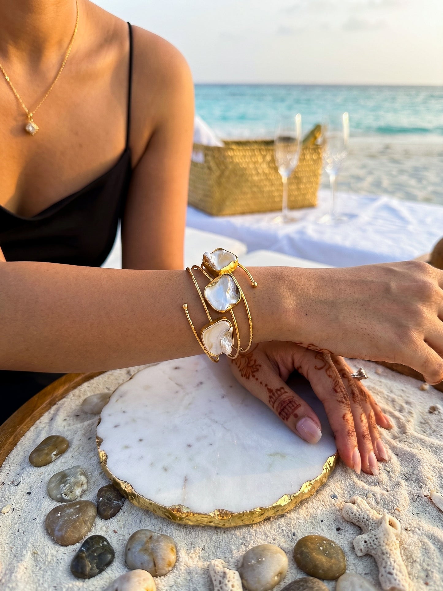 Golden Tide Mother of Pearl Handmade Brass Cuff Bracelet
