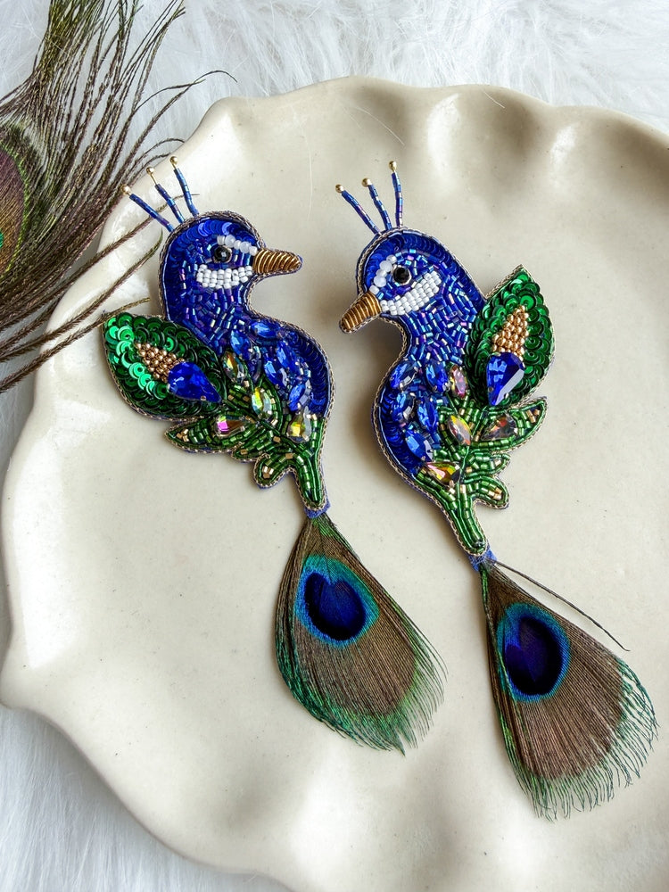 Regal Peacock Blue Green Handmade Beaded Bird Earrings