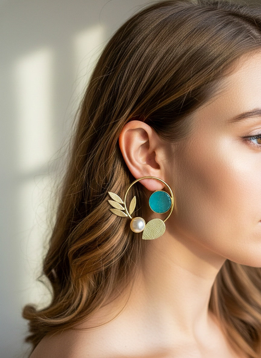 Orelia Teal Stud Handmade Brass Earrings