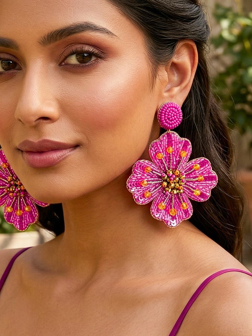 Rosey Glow Pink Flower Handmade Beaded Earrings
