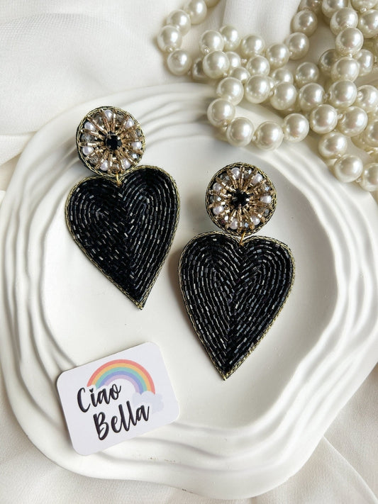 Glam Black Heart Drop Handmade Beaded Earrings