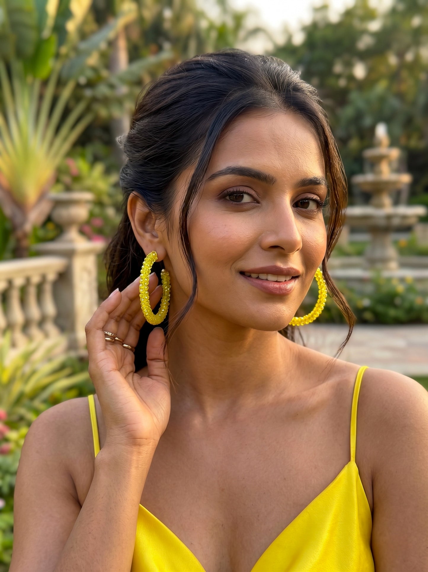 Woven Yellow Crystal Handmade Beaded Hoop Earrings