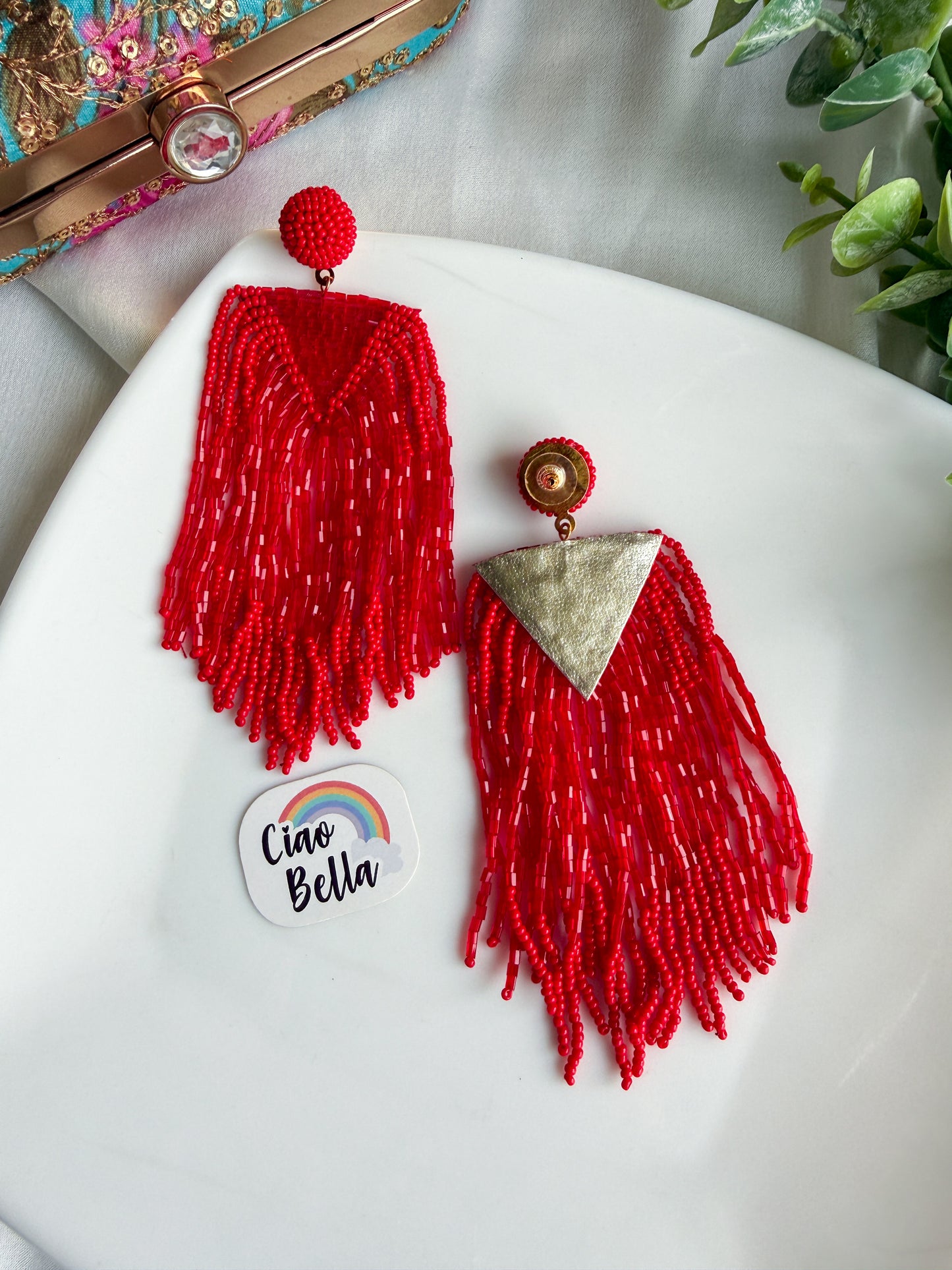Luxe Crimson Red Handmade Beaded Tassel Earrings