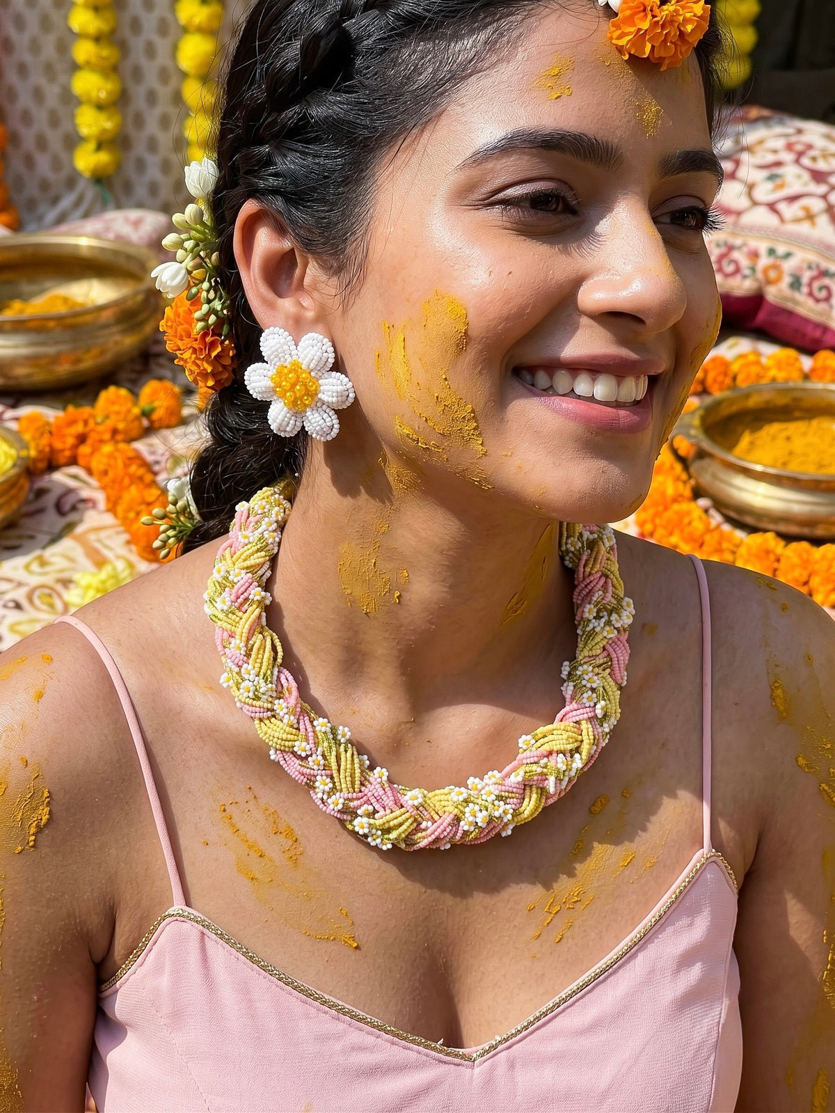 Luxe Flora Pink Yellow Handmade Beaded Necklace + Earrings Set