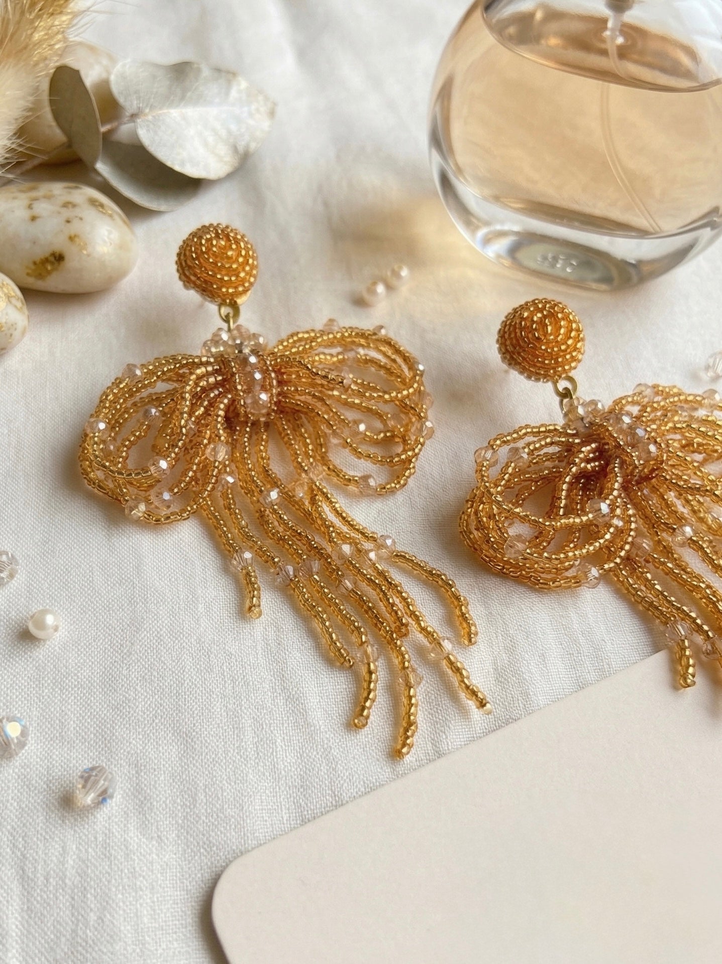 Pookie Bow (Gold) Handmade Beaded Earrings