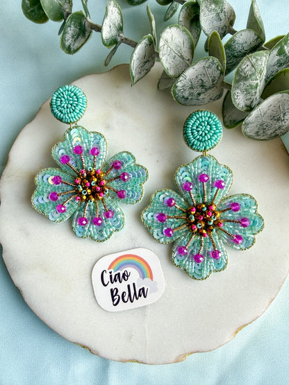 Ocean Teal Glow Blue Flower Handmade Beaded Earrings