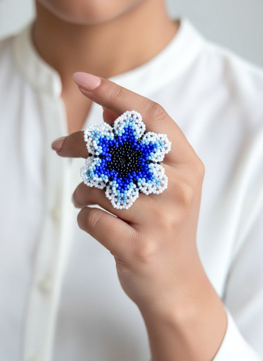 Blossoming Blue Flower Handmade Beaded Ring