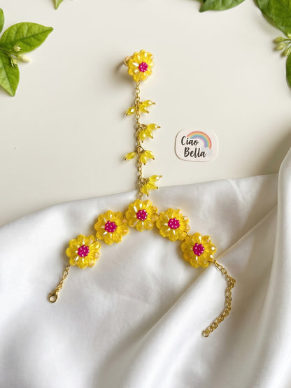 Sparkling Yellow Pink Daisy Handmade Beaded Hathphool (Single Hand)