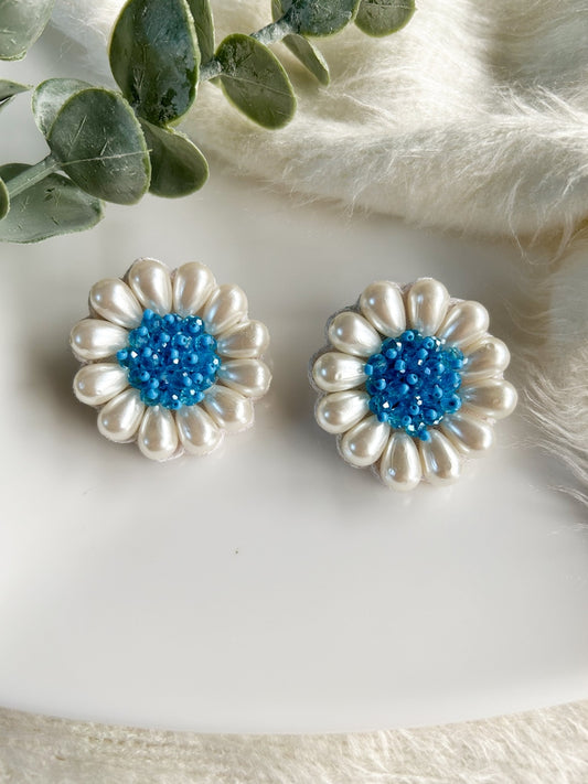 Cool Blue Daisy Stud Handmade Beaded Flower Earrings