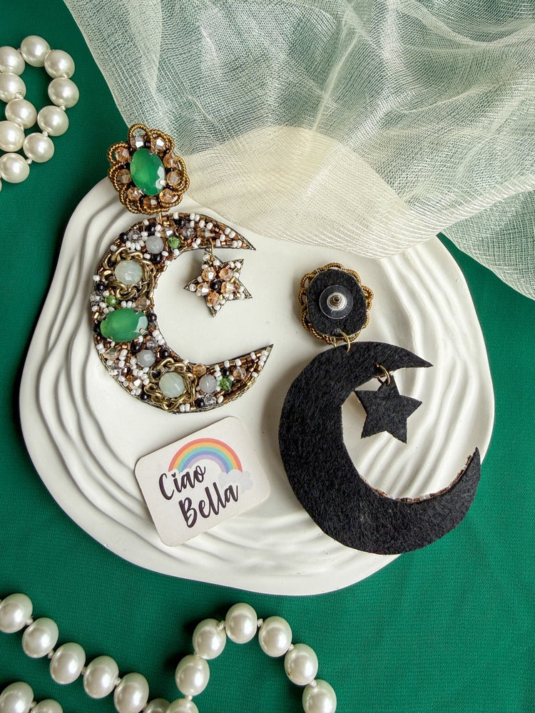 Emerald Crescent Moon & Star Handmade Beaded Statement Earrings