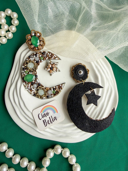 Emerald Crescent Moon & Star Handmade Beaded Statement Earrings