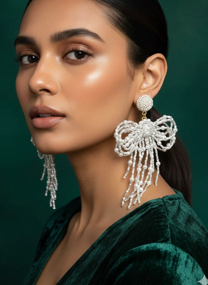 Pookie Bow (White) Handmade Beaded Earrings