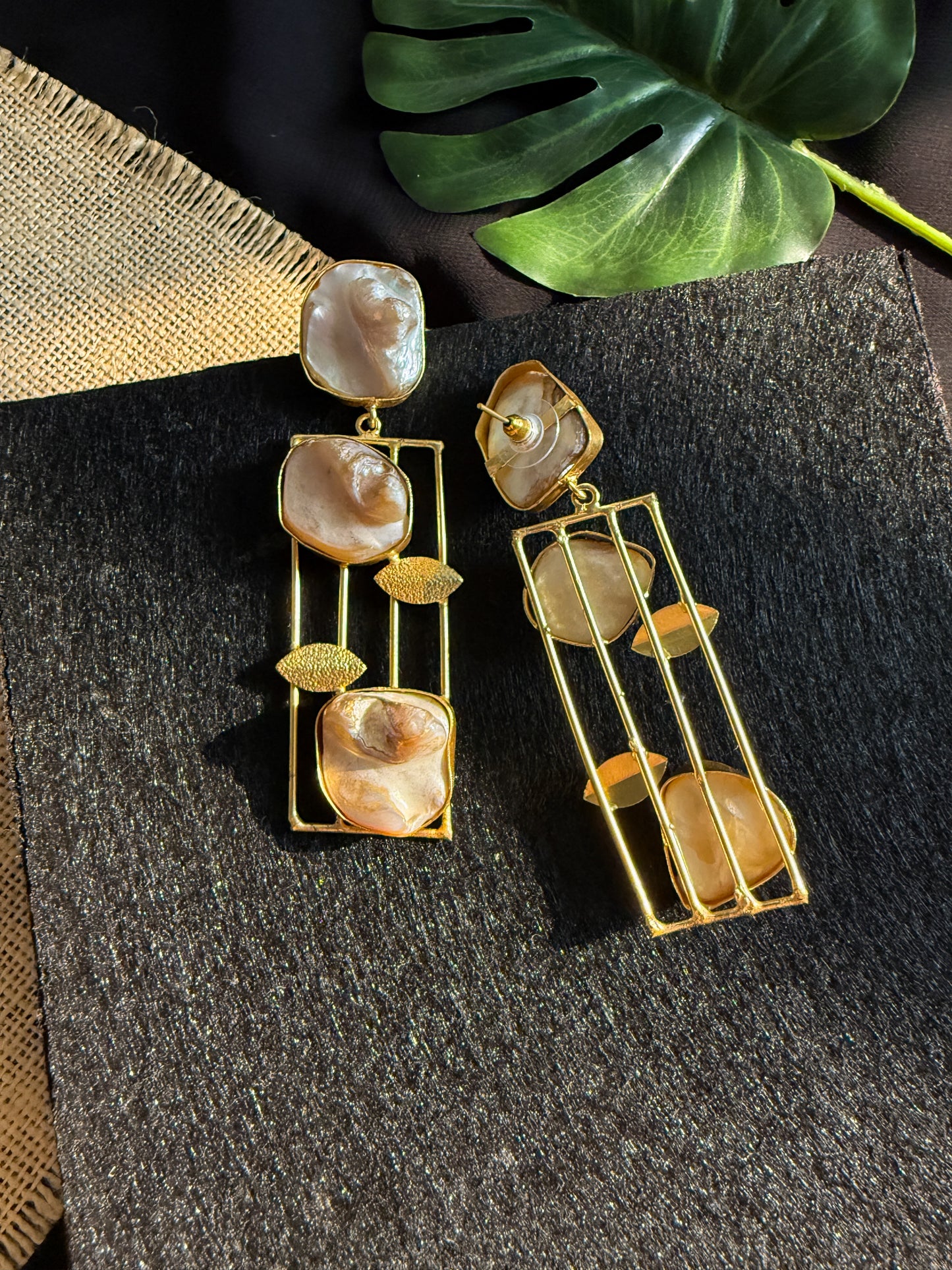 Ivy Leaf Pearl Handmade Brass Earrings