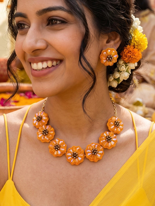Sparkling Sunflower Handmade Beaded Necklace + Earrings Set
