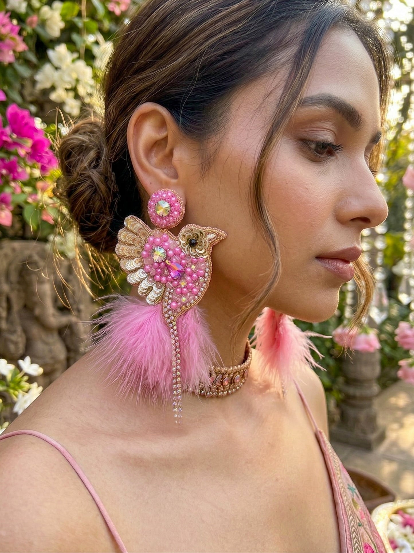 Glamorous Pink Birdies Handmade Beaded Bird Earrings