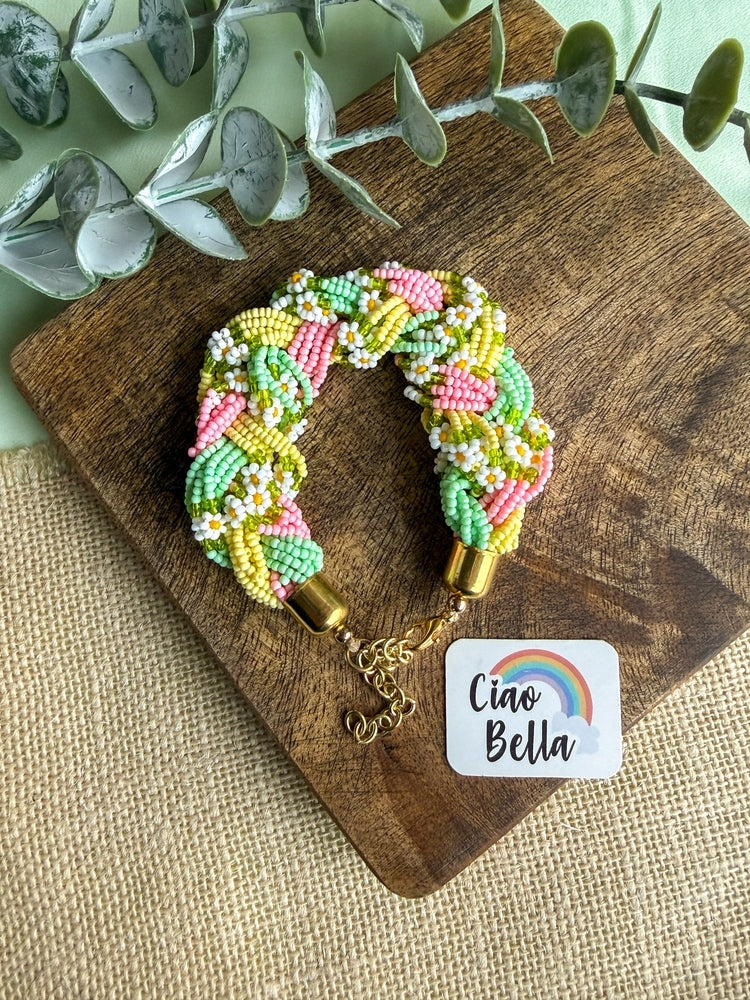 Luxe Flora Green Pink Yellow Handmade Beaded Bracelet