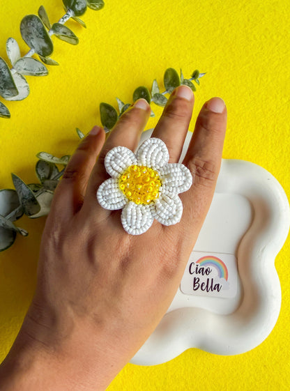 White Daisy (Light Yellow) Handmade Beaded Flower Ring