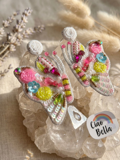 Kaleido Wings White Handmade Beaded Butterfly Earrings