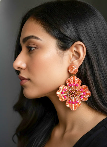 Sunset Orange Glow Flower Handmade Beaded Earrings