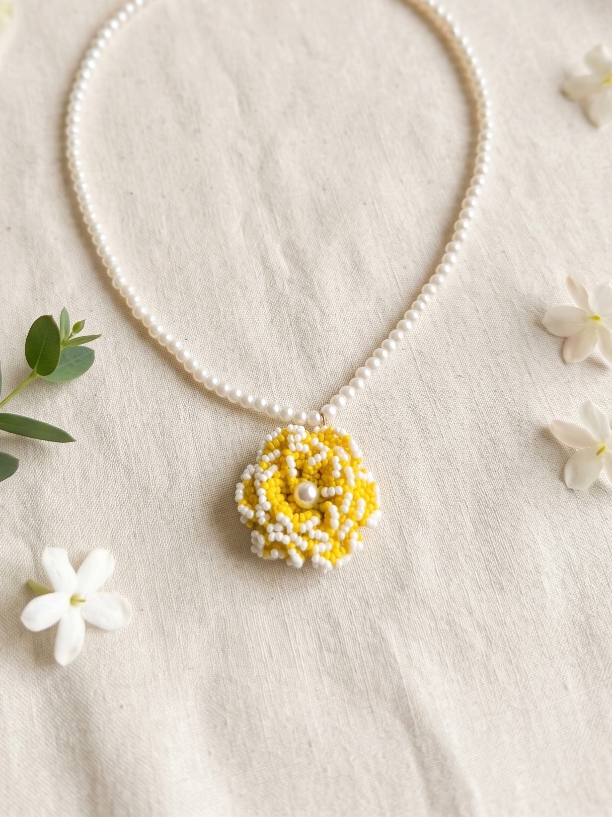 Crochet Yellow White 3D Rose Flower Handmade Beaded Necklace
