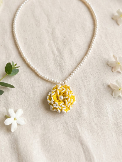 Crochet Yellow White 3D Rose Flower Handmade Beaded Necklace